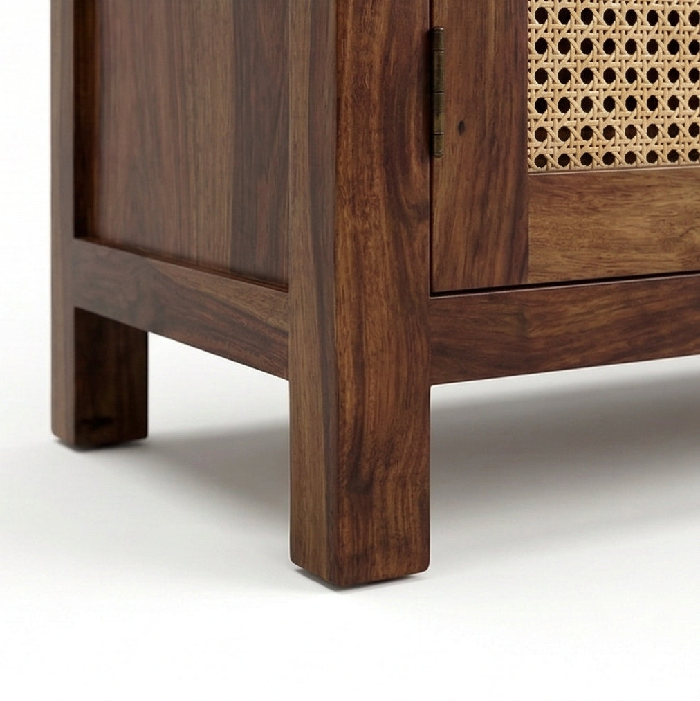 Handcrafted Solid Wood Shoe Rack Cabinet with Cane Doors & Drawer