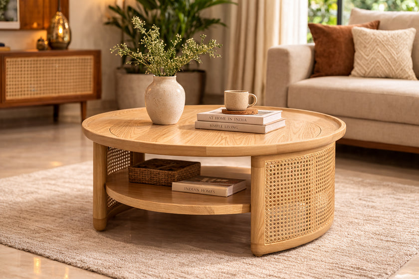 Aprd Round Solid Wood Cane Coffee Table with Storage Shelf