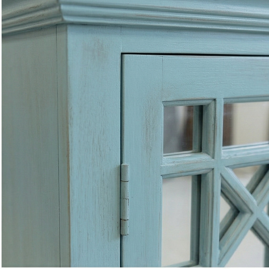 Solid Wood Display Cabinet with Glass Panel Doors Blue Finish Storage & Showcase Unit