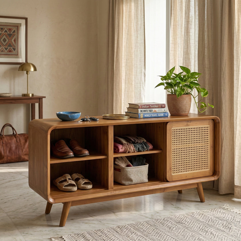 Solid Wood Shoe Rack Cabinet with Cane Doors