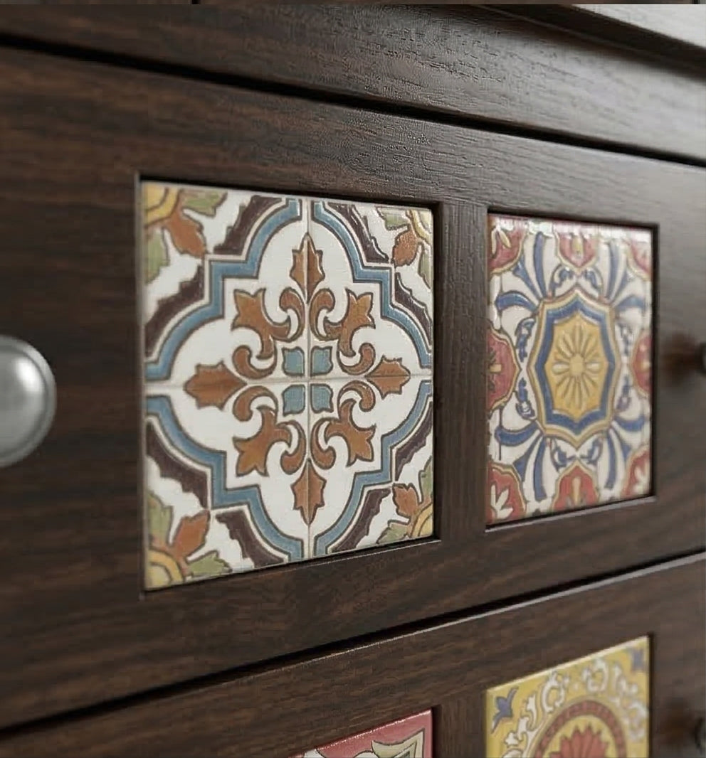 Solid Wood Dressing Table with Decorative Tile Inlay & Mirror