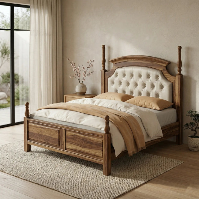 Classic Solid Wood Bed with Button-Tufted Upholstered Headboard