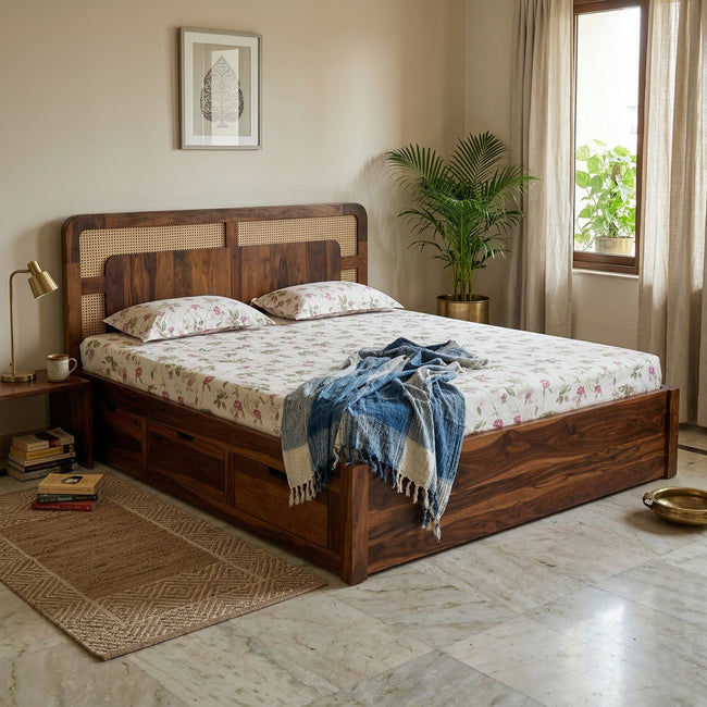 WC83 Solid Wood Box Storage Bed with Cane Panel Headboard