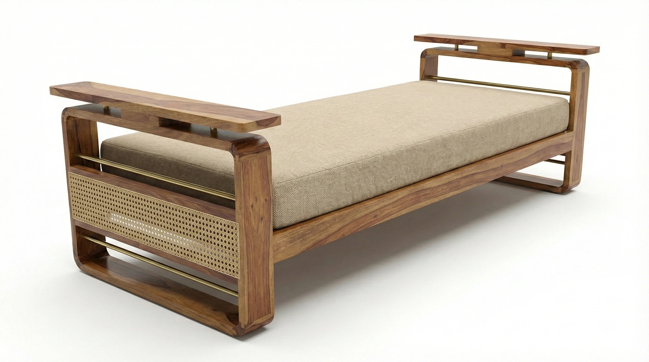 Brahmika Solid Wood Diwan with Cane Panel & Upholstered Cushion