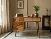 Mid-Century Solid Wood Dressing Table with Cane Drawer & Storage