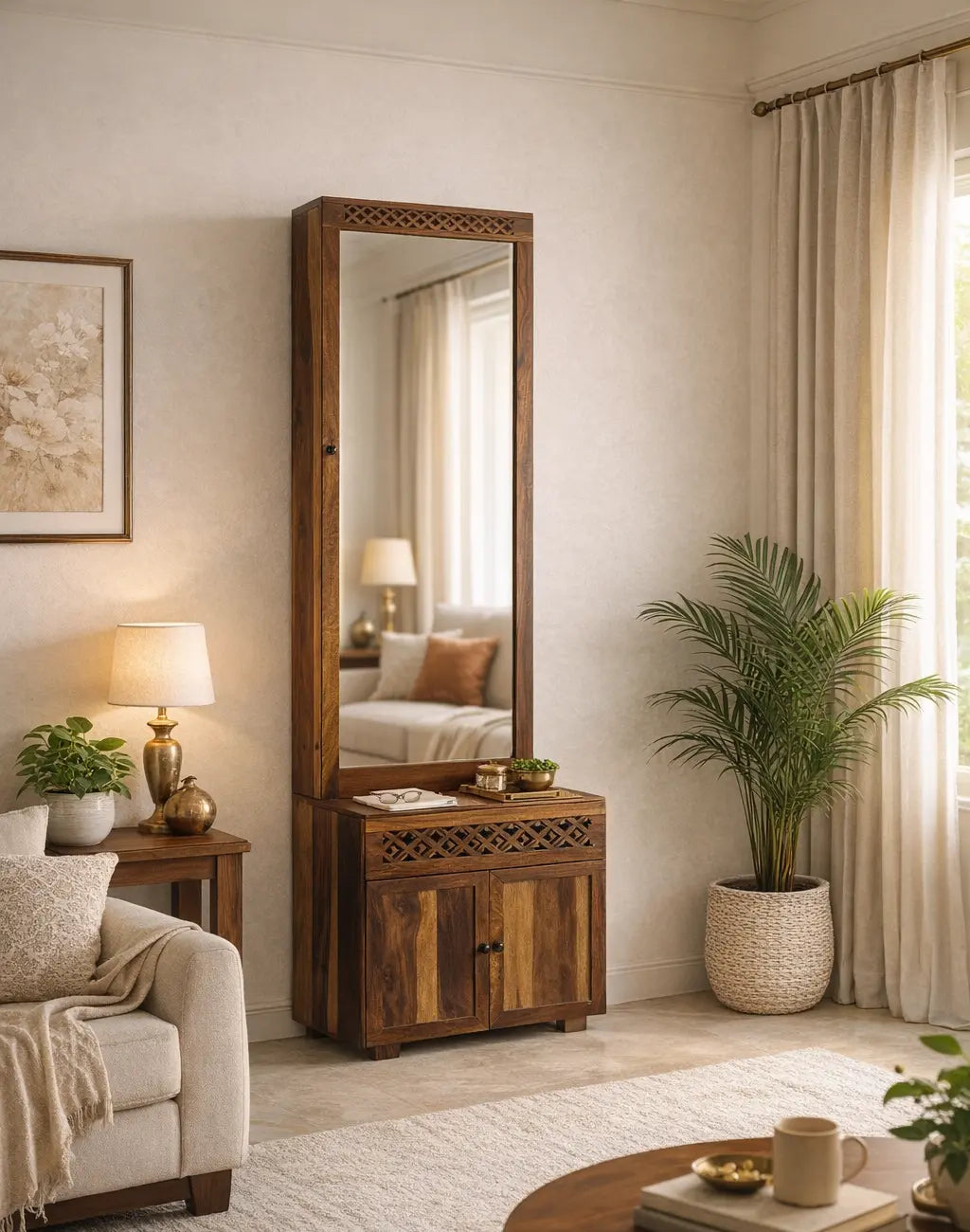 Solid Wood Dressing Table with Full-Length Mirror & Storage Cabinet