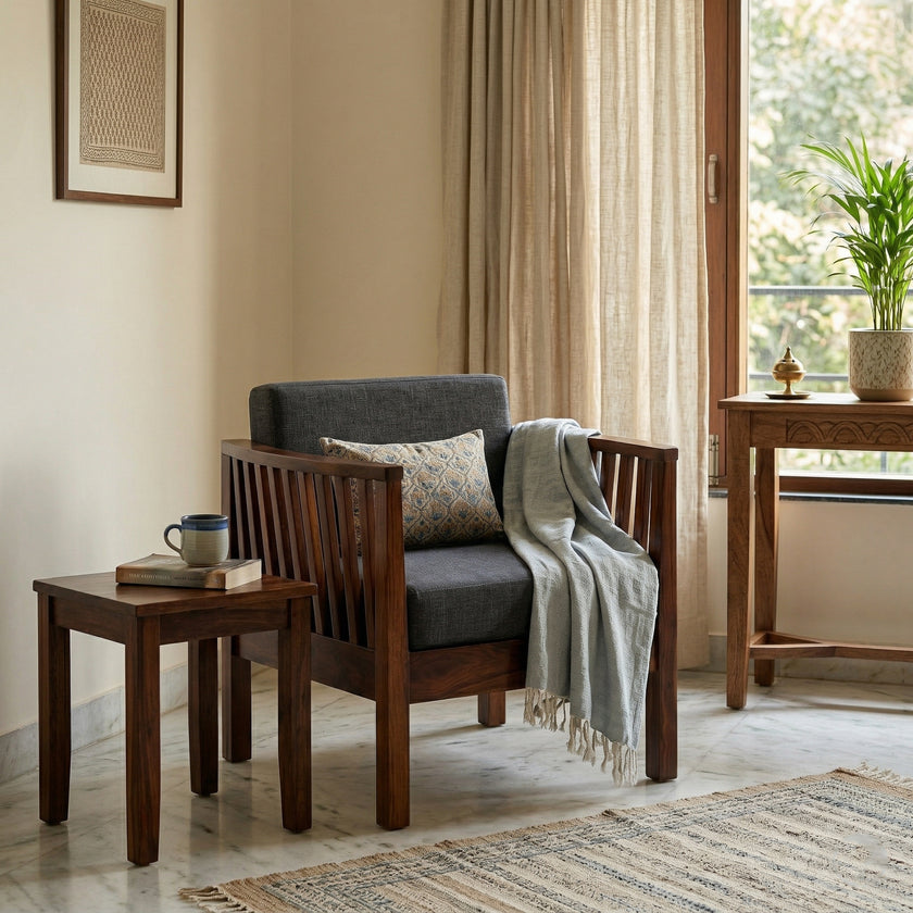 Solid Wood Armchair with Slatted Sides & Upholstered Cushion Contemporary Wooden Accent Chair