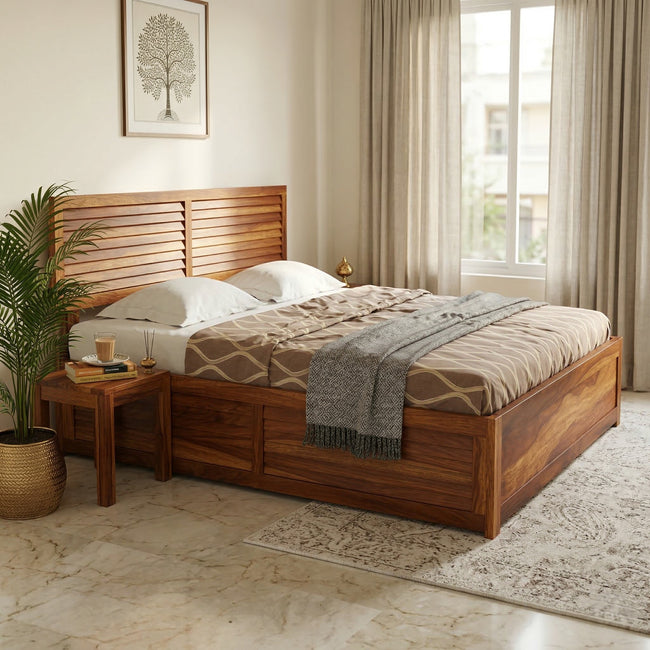 Louver Solid Wood Box Storage Bed with Horizontal Slatted Headboard