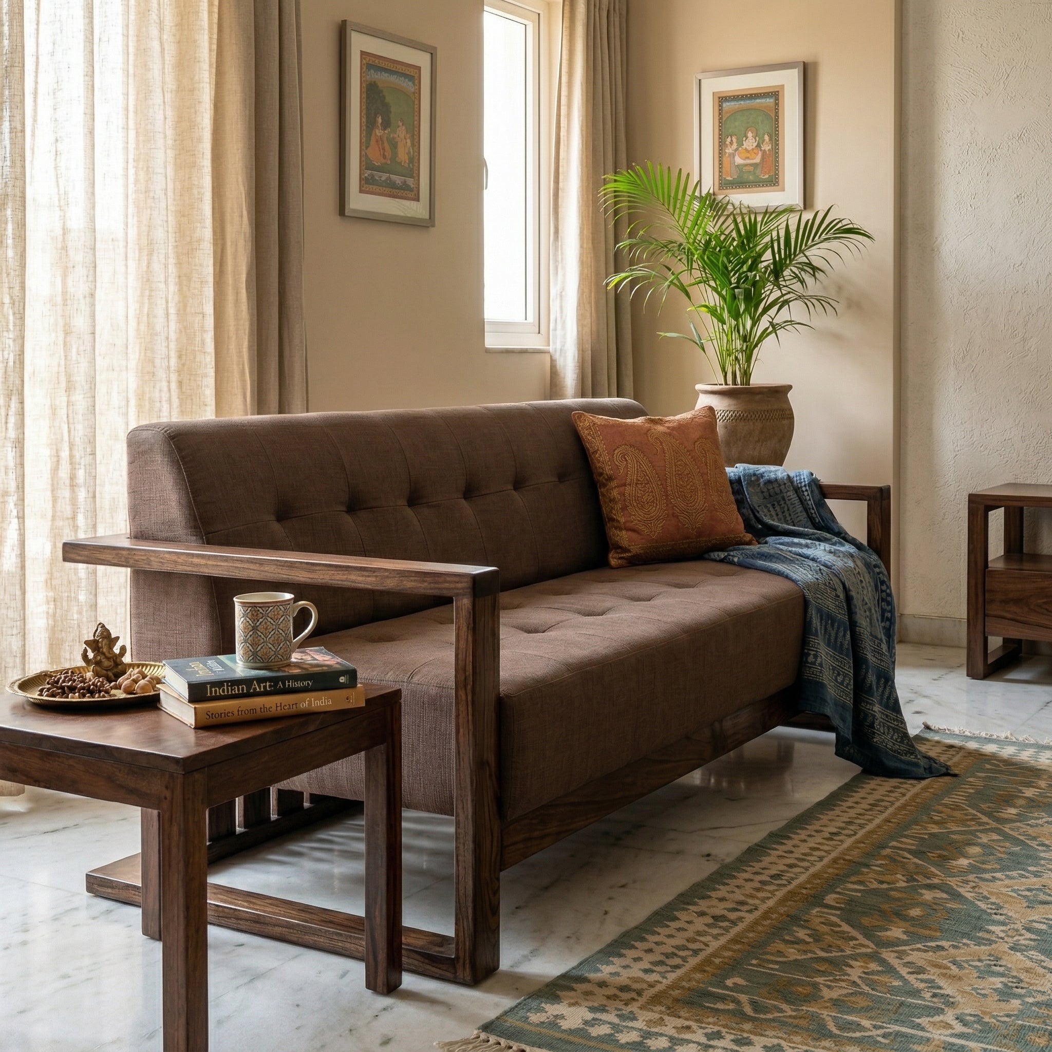 Solid Wood 3-Seater Sofa with Tufted Back Modern Box Frame Fabric Sofa