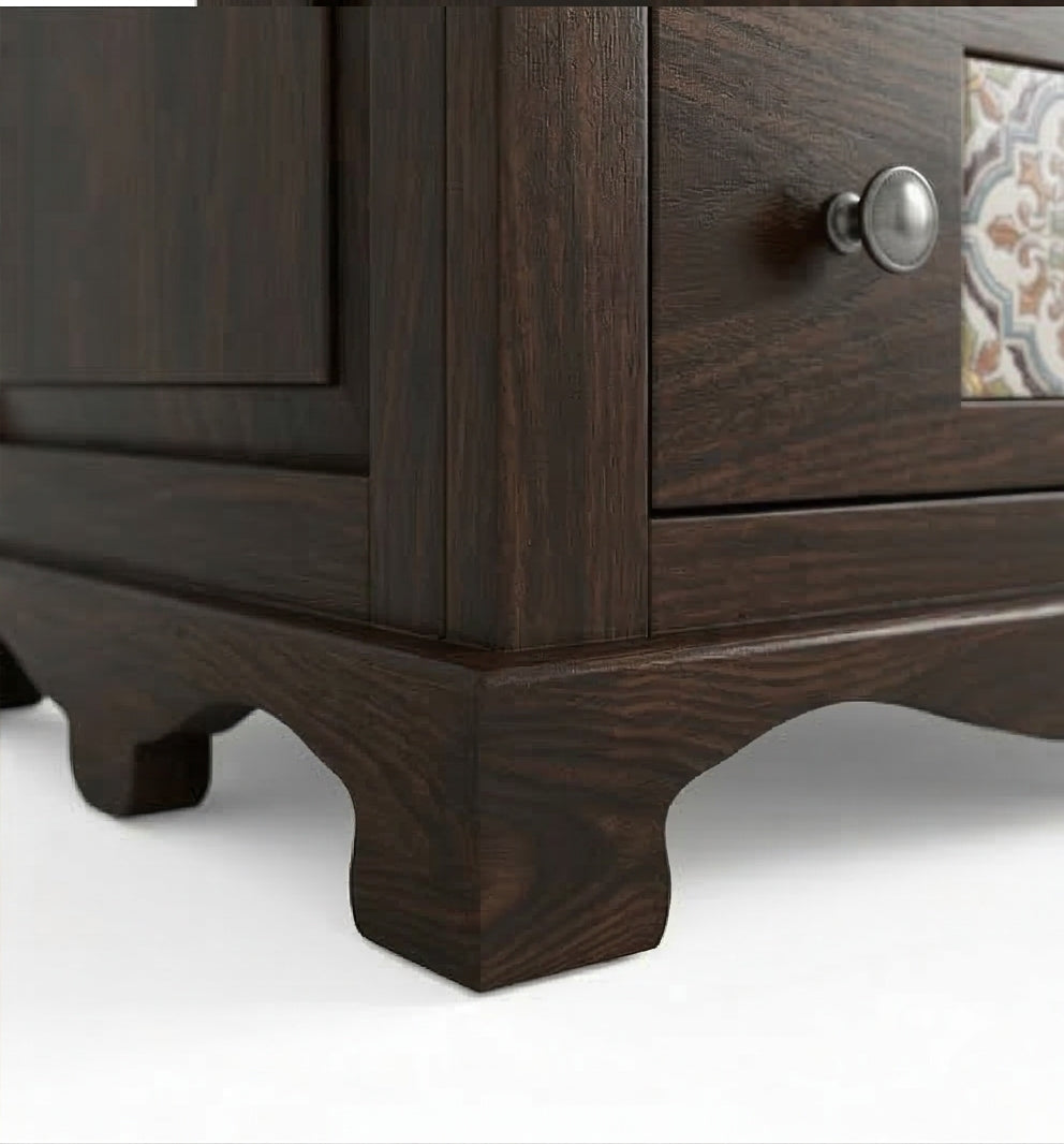 Solid Wood Dressing Table with Decorative Tile Inlay & Mirror