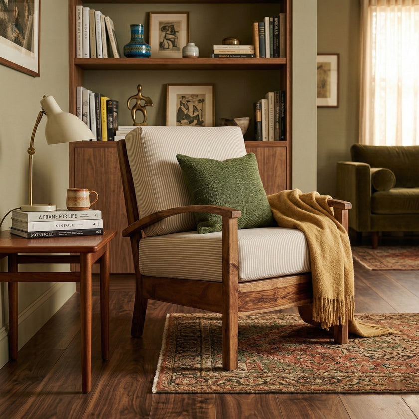 Solid Wood Lounge Armchair with Striped Upholstery