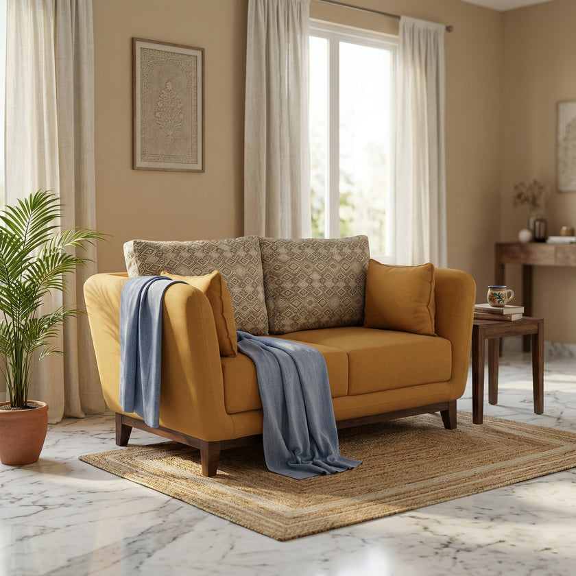 Modern Upholstered 2-Seater Sofa with Solid Wood Base & Patterned Cushions