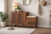 Solid Wood Shoe Rack with Carved Doors & Cushioned Bench Entryway Shoe Storage Cabinet