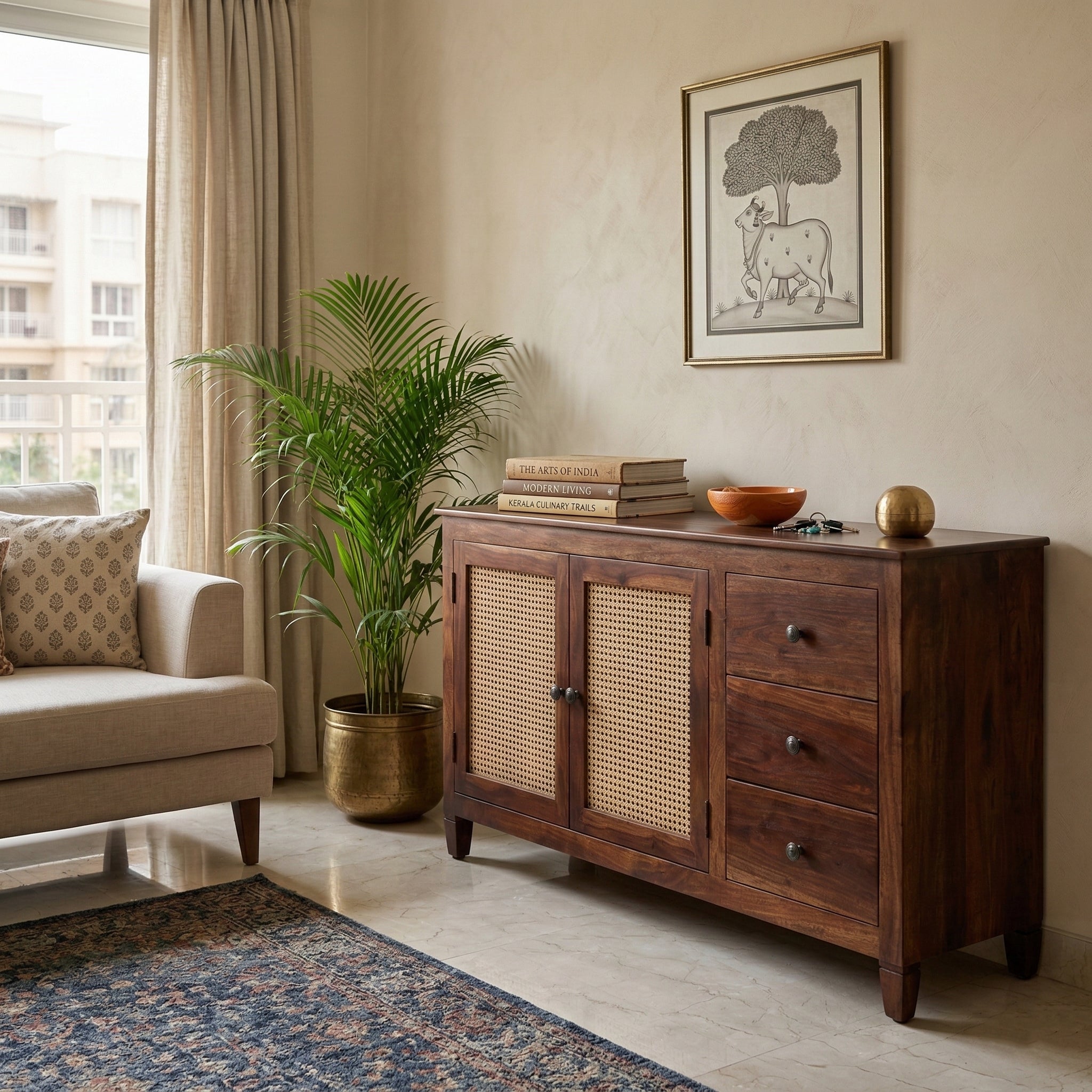 Solid Wood Cane Sideboard Cabinet Wooden Storage Console with Drawers