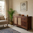 Solid Wood Cane Sideboard Cabinet Wooden Storage Console with Drawers