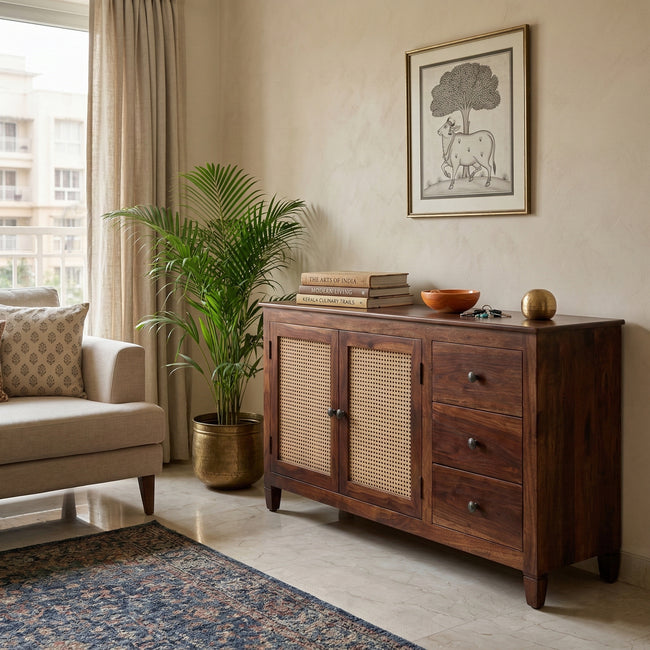 Solid Wood Cane Sideboard Cabinet Wooden Storage Console with Drawers