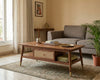 Solid Wood Rectangular Coffee Table with Cane Drawer and Brass Legs