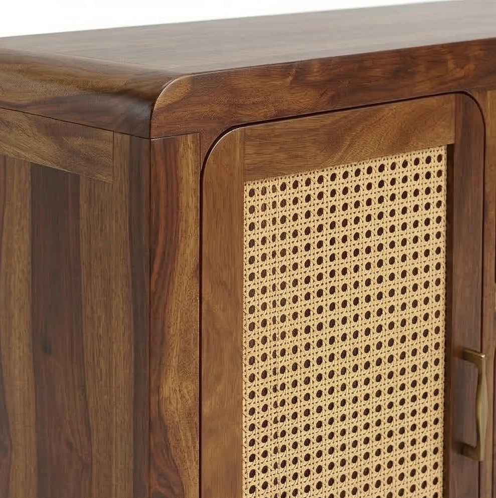 Solid Wood Sideboard Cabinet with Cane Doors & Drawer Storage