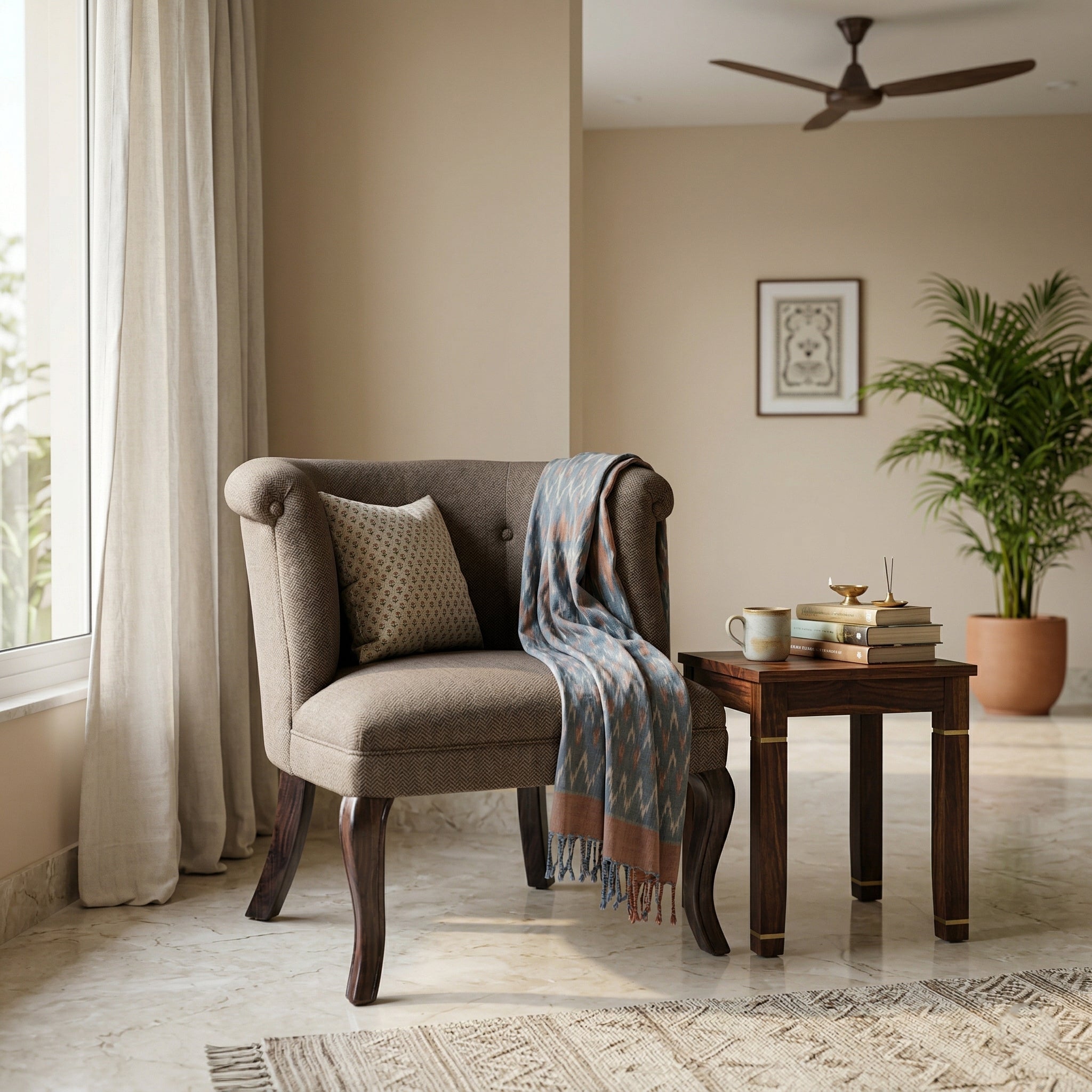 Classic Upholstered Accent Chair with Solid Wood Curved Legs