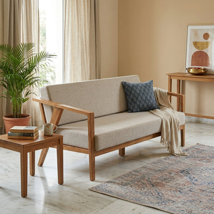 Solid Wood 2-Seater Sofa with Upholstered Cushions