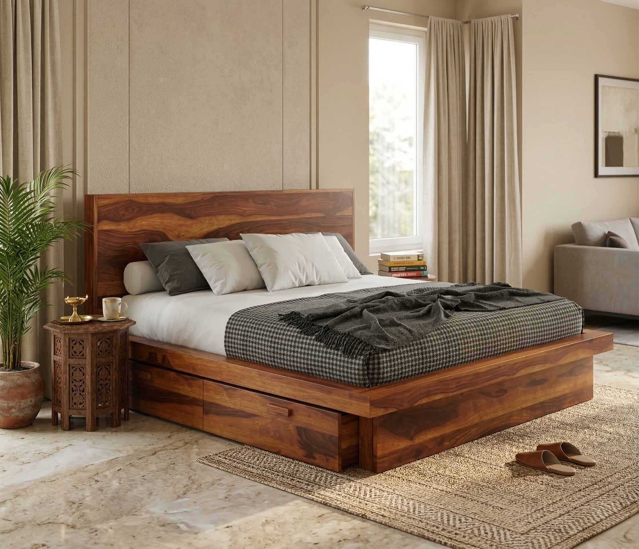 Aranya Low Profile Solid Wood Bed with Headboard