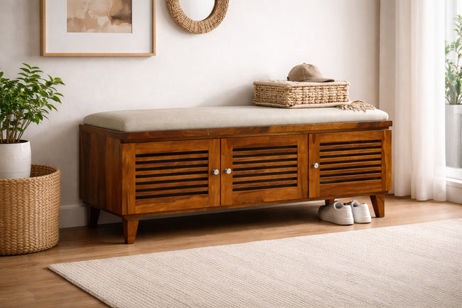 Solid Wood Shoe Rack Bench with Cushioned Seat