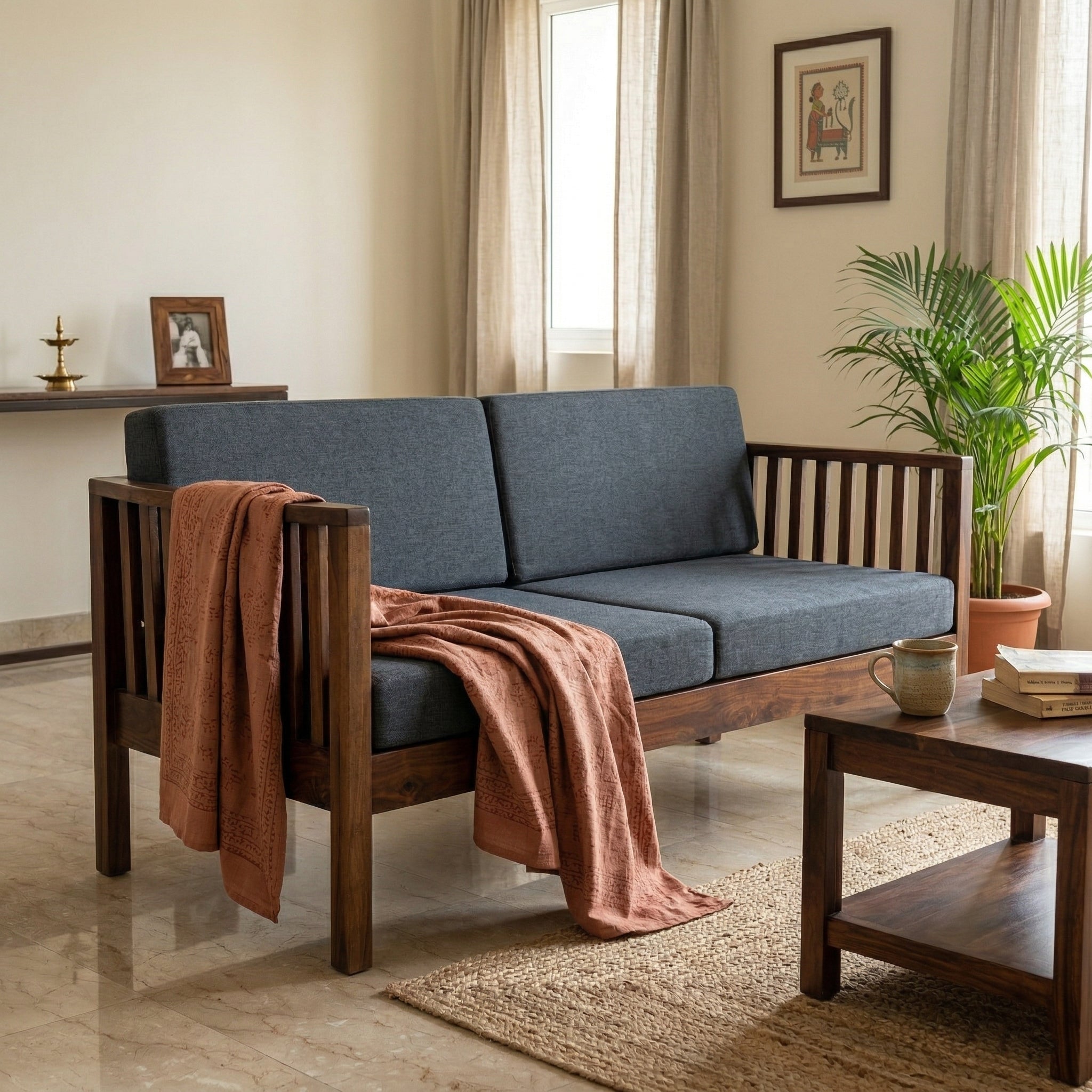 Solid Wood 2-Seater Sofa with Slatted Arms & Cushions Contemporary Wooden Sofa