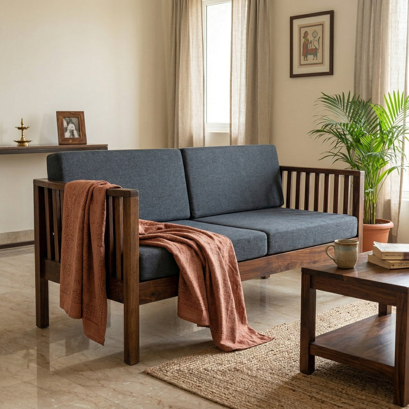 Solid Wood 2-Seater Sofa with Slatted Arms & Cushions Contemporary Wooden Sofa