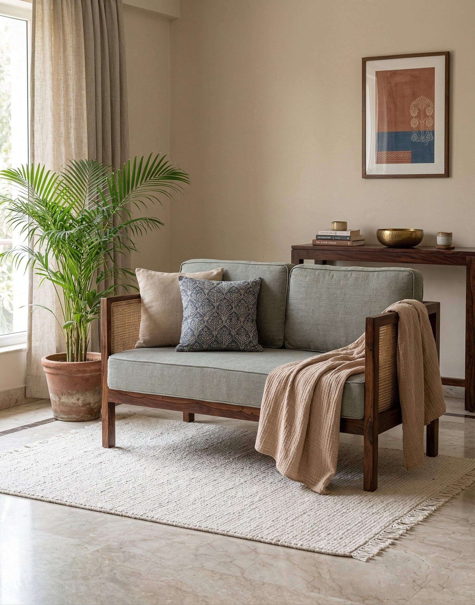 Solid Wood Cane 2-Seater Sofa with Upholstered Cushions