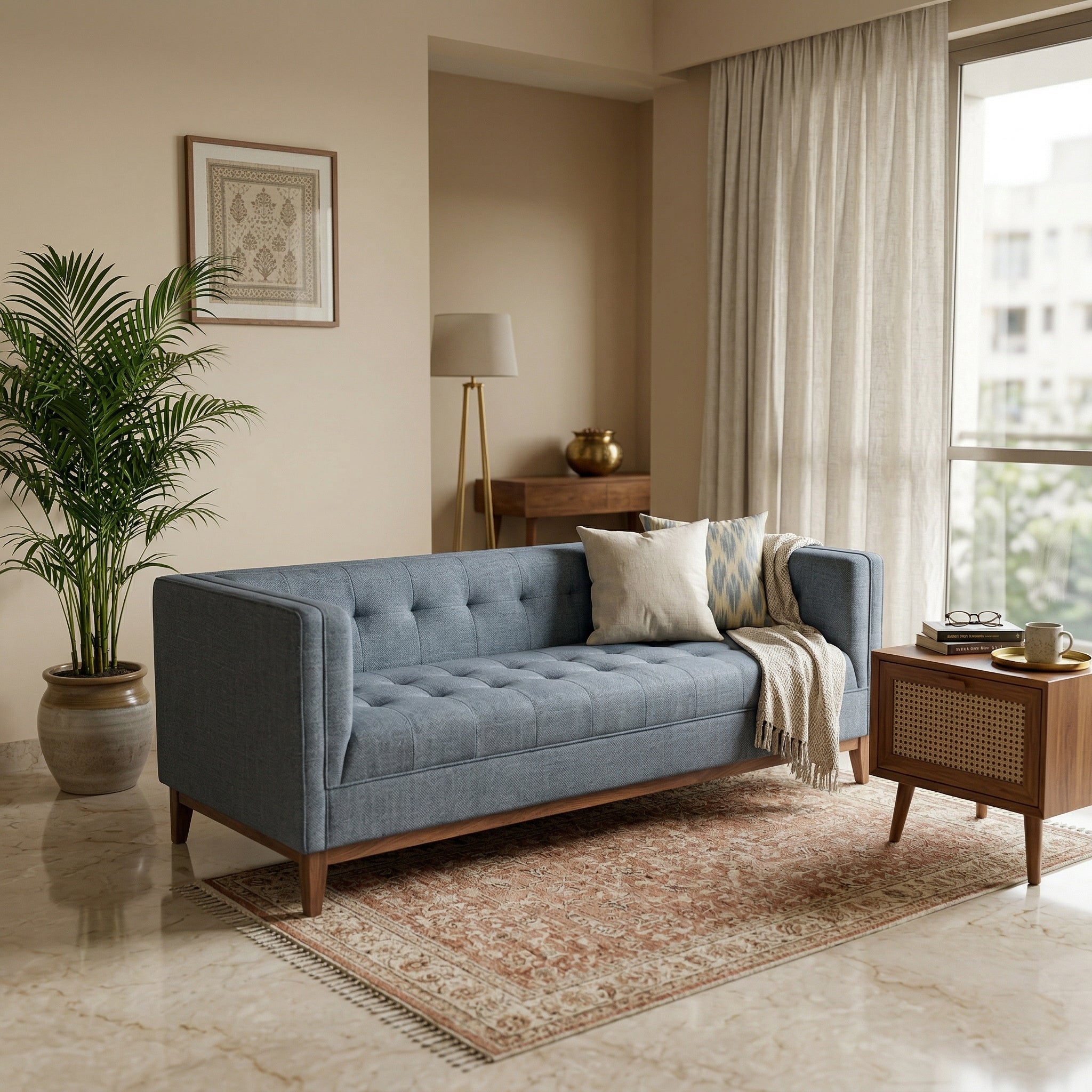 Solid Wood 3-Seater Sofa with Upholstered Fabric & Tufted Back