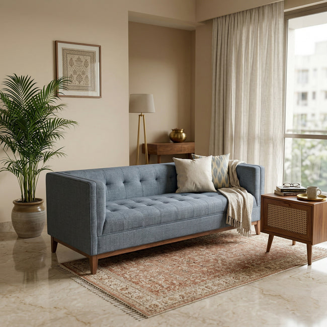 Solid Wood 3-Seater Sofa with Upholstered Fabric & Tufted Back