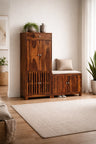 Solid Wood Shoe Rack with Storage Cabinet & Cushioned Bench
