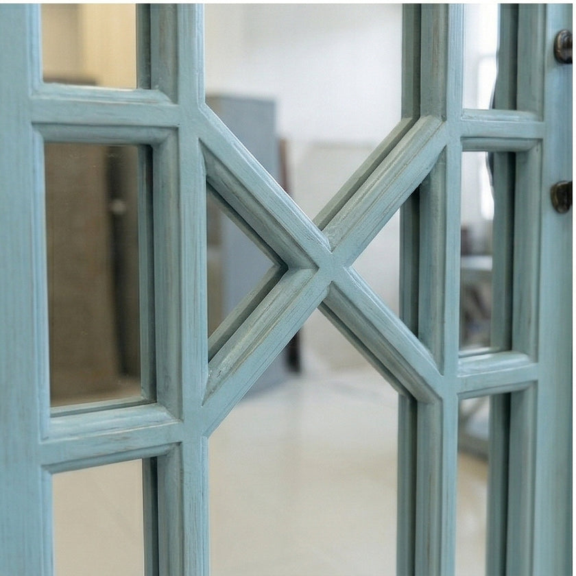 Solid Wood Display Cabinet with Glass Panel Doors Blue Finish Storage & Showcase Unit