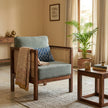Solid Wood Cane Armchair with Upholstered Cushion Modern Rattan Accent Chair
