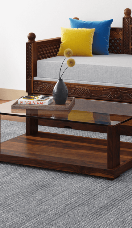 Aeron Modern Rectangular Sheesham Wood Coffee Table with Glass Top - Induscraft