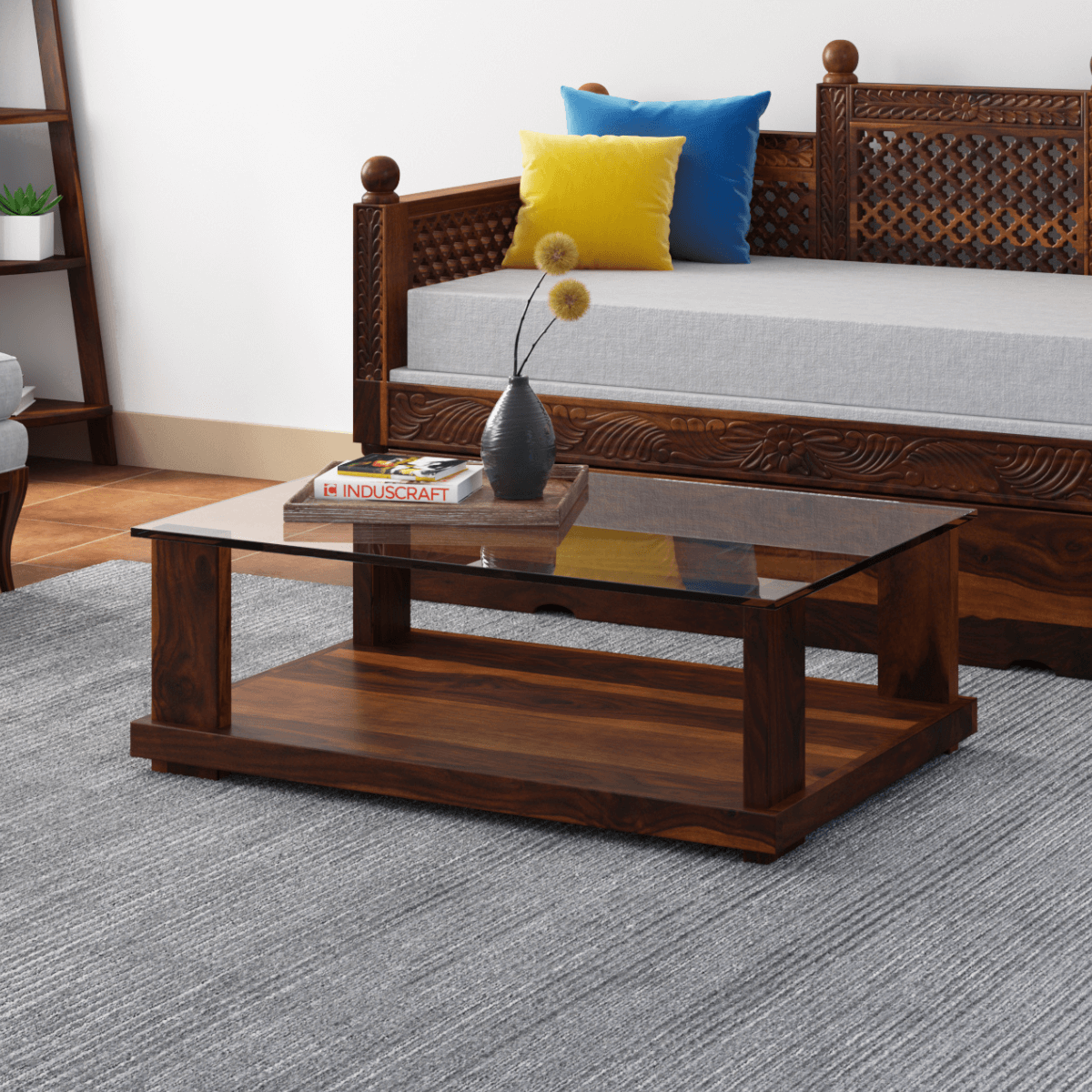 Aeron Modern Rectangular Sheesham Wood Coffee Table with Glass Top - Induscraft