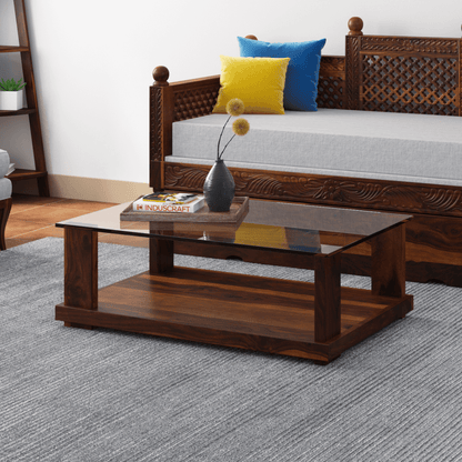 Aeron Modern Rectangular Sheesham Wood Coffee Table with Glass Top
