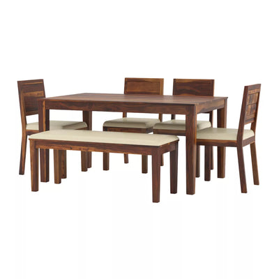 6 seater wooden dining set with table and chairs on a white background