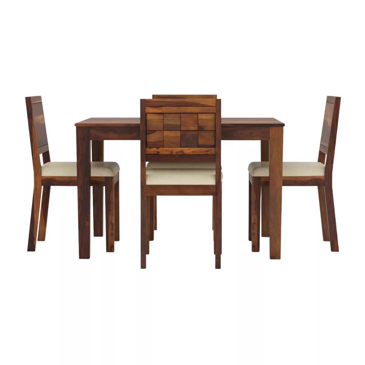Wooden dining set with four chairs on a white background