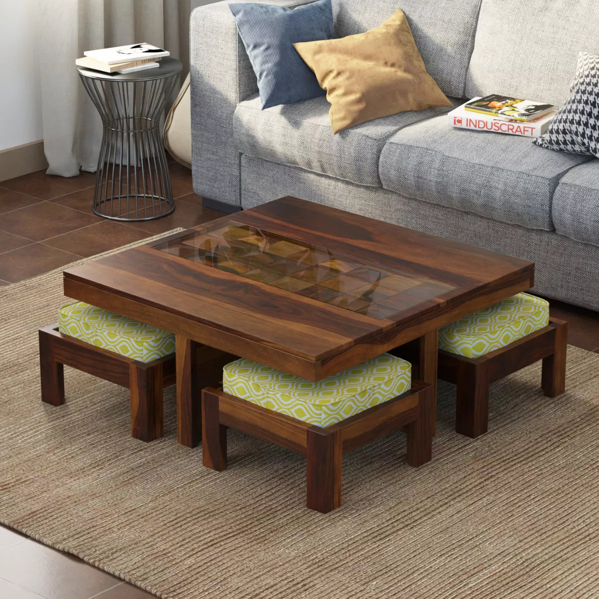 Antilia Modern Sheesham Wood Square Coffee Table with 4 Stools - Interior Image