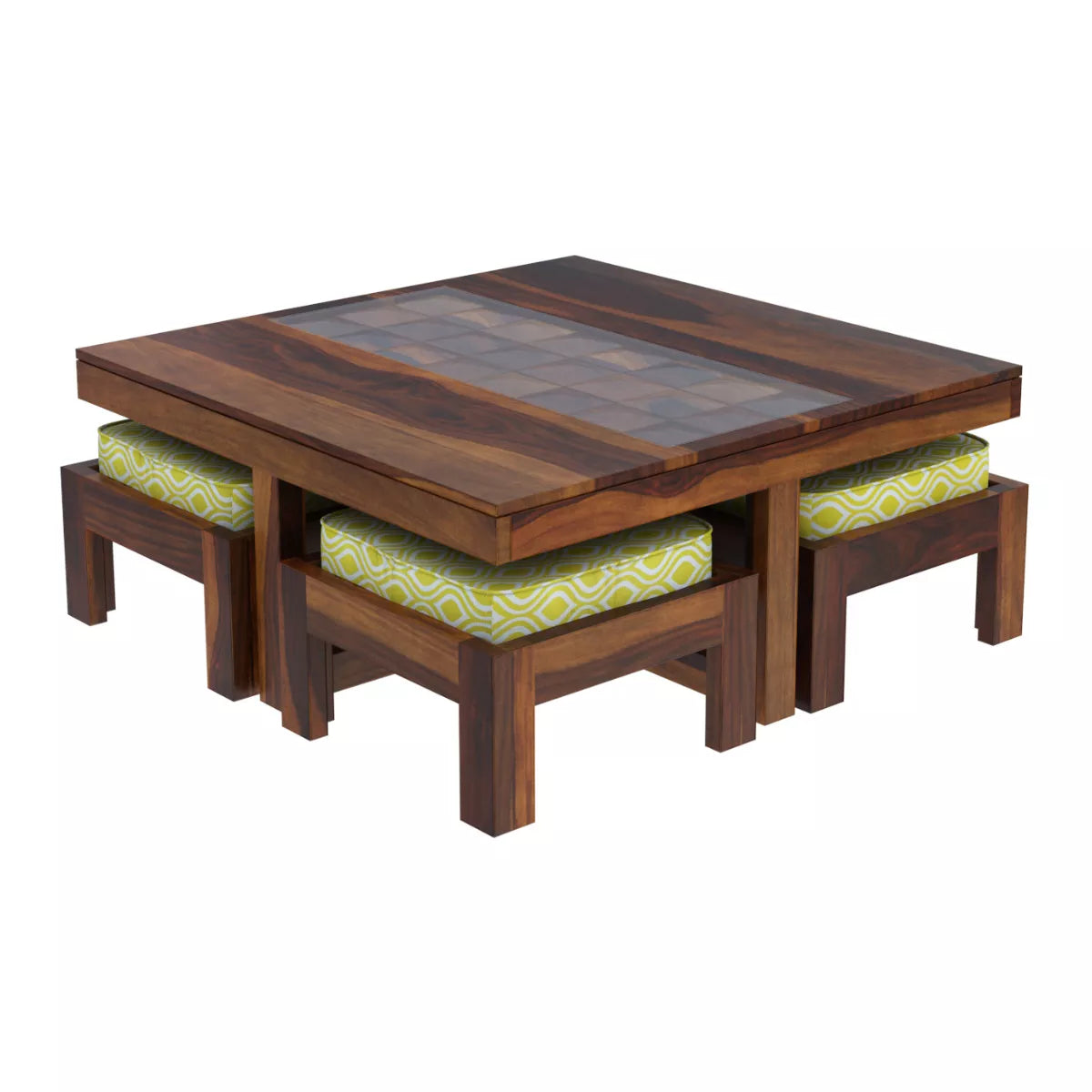 Antilia Modern Sheesham Wood Square Coffee Table with 4 Stools - Tilt View