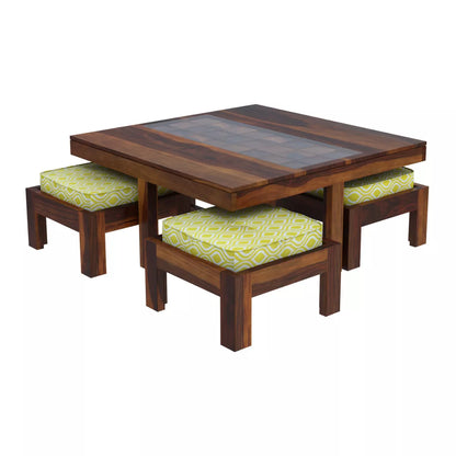 Antilia Modern Sheesham Wood Square Coffee Table with 4 Stools - Isometric Top View