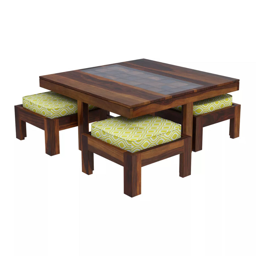 Antilia Modern Sheesham Wood Square Coffee Table with 4 Stools - Isometric Top View
