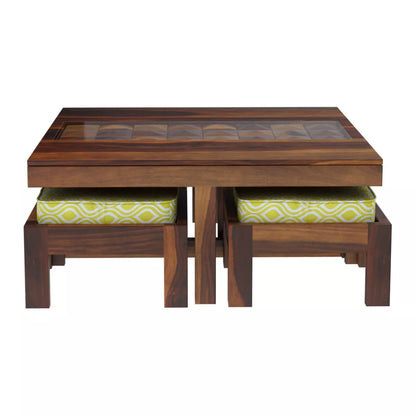 Antilia Modern Sheesham Wood Square Coffee Table with 4 Stools - Side Angle