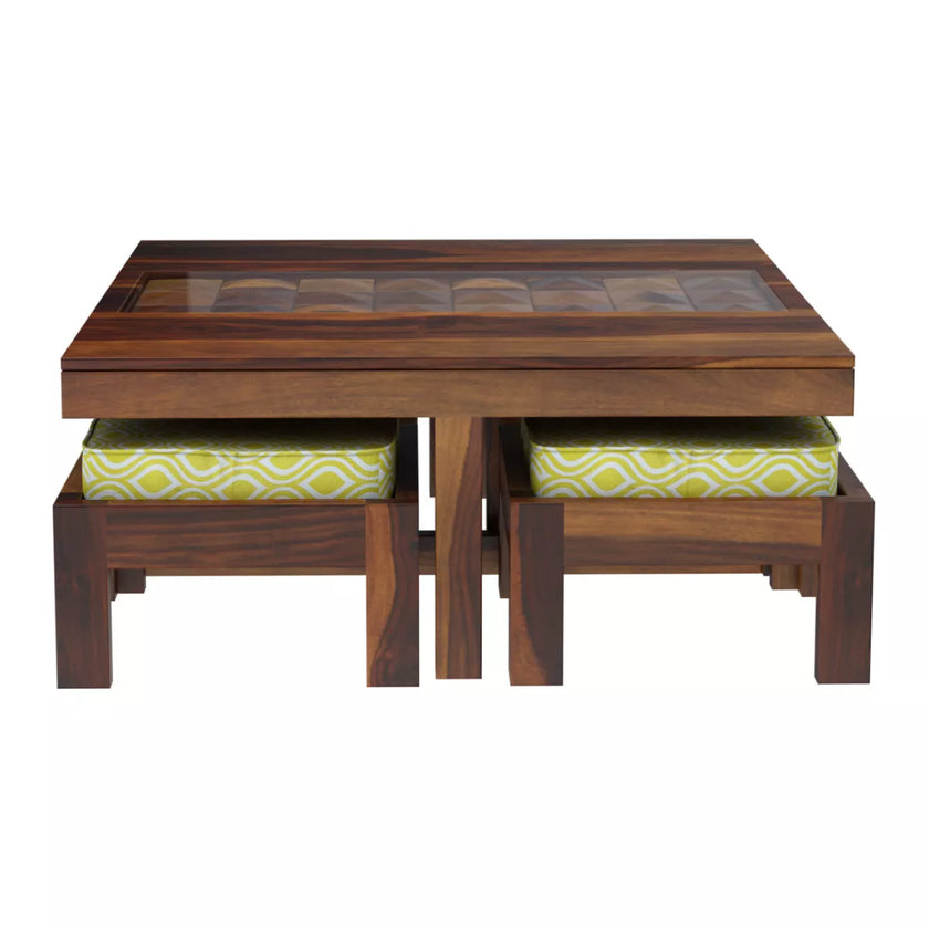 Antilia Modern Sheesham Wood Square Coffee Table with 4 Stools - Side Angle