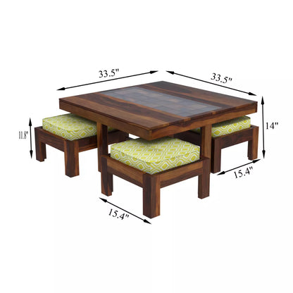 Antilia Modern Sheesham Wood Square Coffee Table with 4 Stools - Dimensions