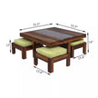 Antilia Modern Sheesham Wood Square Coffee Table with 4 Stools - Dimensions