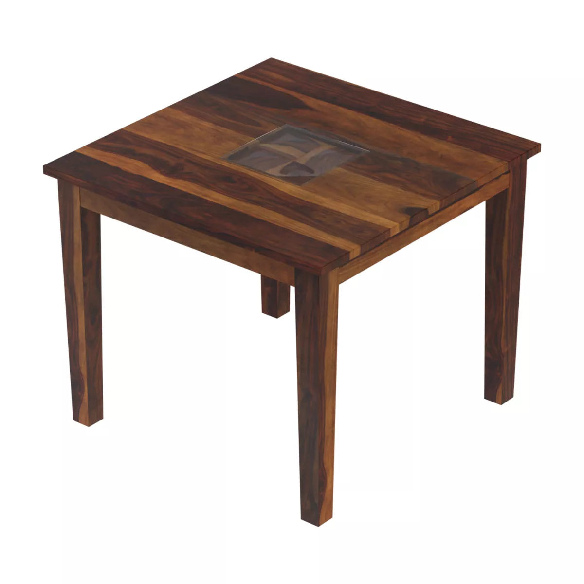 Wooden table with a glass inset on a white background