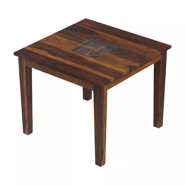 Wooden table with a glass inset on a white background