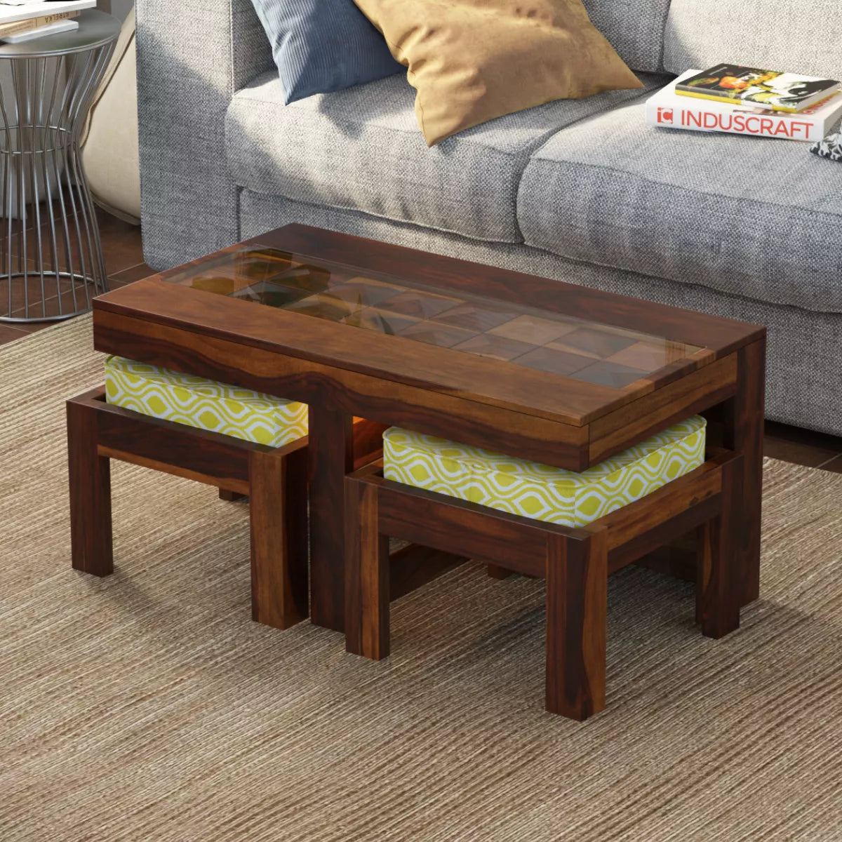 Antilia Modern Teak Finish Sheesham Wood Coffee Table with 2 Stools